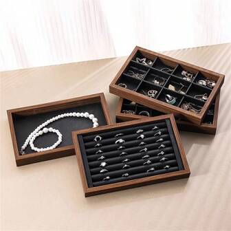 黑胡桃亚麻珠宝托盘展示盘适用于耳环、戒指、配饰和珠宝摄影女友礼物