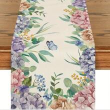 Toalha de mesa de borboleta de eucalipto e lavanda, corredor de mesa monocromático com pássaros e flores, hortênsia azul, decoração de mesa de cozinha de primavera, decoração de festa em casa, toalha de mesa resistente a óleo e manchas