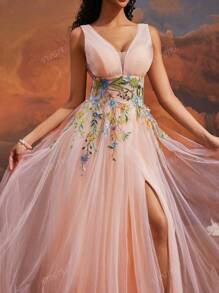 VIPGIRL Elegant Peach Pink V-Neck Long Tulle Evening Dress, Floral Embroidered High Slit Ball Gown, Dreamy Princess Prom Dress, Women Formal & Evening Dresses Party Dress Wedding Guest Dress