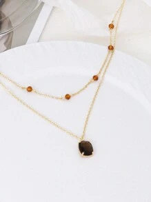 1 pieza Colgante cuadrado vintage marrón de circonita cúbica con collar de doble capa de cuentas de cristal, accesorio de mujer para uso diario, vacaciones y fiestas