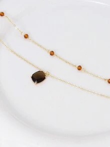 1 pieza Colgante cuadrado vintage marrón de circonita cúbica con collar de doble capa de cuentas de cristal, accesorio de mujer para uso diario, vacaciones y fiestas