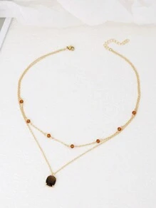 1 pieza Colgante cuadrado vintage marrón de circonita cúbica con collar de doble capa de cuentas de cristal, accesorio de mujer para uso diario, vacaciones y fiestas