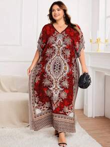 Back To School Fall Women Clothes Plus Size V Neck Batwing Sleeve Long Length Tunic Dress - Color Block Floral Print, Loose Fit, Non-Stretch Rayon, Pullover, Slit Hem, Weekend Casual, Middle East Style - Perfect For Spring And Summer