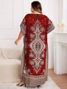 Back To School Fall Women Clothes Plus Size V Neck Batwing Sleeve Long Length Tunic Dress - Color Block Floral Print, Loose Fit, Non-Stretch Rayon, Pullover, Slit Hem, Weekend Casual, Middle East Style - Perfect For Spring And Summer