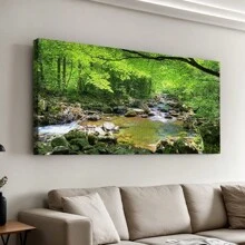 Canvas Print Wall Art River Through The Green Forest Nature Wilderness Photography Modern Art Rustic Scenic Colorful Multicolor For Living Room, Bedroom