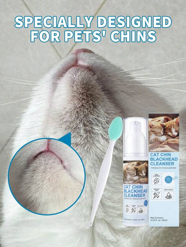 GJYC PET Kit de cuidado de la barbilla para gatos: Limpiador de puntos negros y combo de cepillo limpiador - Cuidado suave para el acné de la barbilla felina y piel talla grande clara, 60ml (2.03 fl oz)