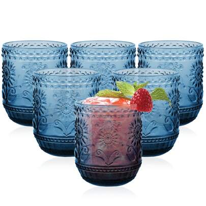 380ml Green Sunflower Drinking Glasses Set,Vintage Colored Glassware Set Of 6,Glasses For Wine,Cocktail,Juice,Heavy Duty Glass Cups