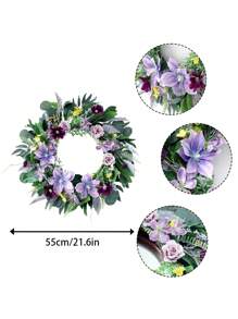 Artificial Clematis Wreath With Leaves, 21.65Inch Spring Wreath For Front Door Wall Window Hallway Garden Wedding Home Decoration, Spring Valentine's Day Easter Decoration - Purple - View 3