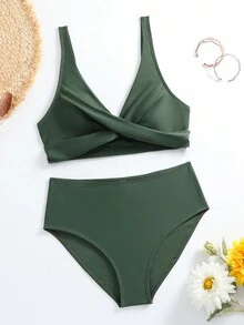 2pcs/Set Women Sexy V-Neck Cross-Front High Waist Solid Green Bikini Swimwear, For Summer Beach Vacation