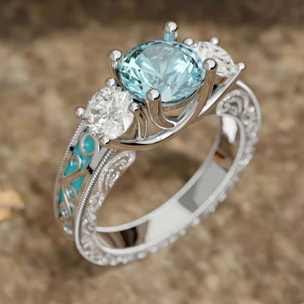 Vintage Carved Totem Exquisite Sea Blue Imitation Zirconia Ring Elegant And Fashionable Women's Drip Glue Bohemian Style Engagement And Wedding Ring