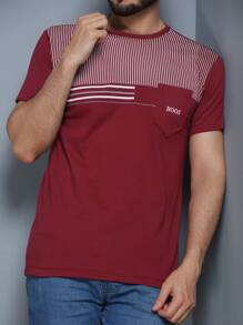 Men's Crew Neck T-Shirt With Pocket - 酒紅色 - 查看 3