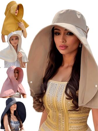 1pc Women's Multi-Color Curved Design Large Brim Round Buckle Fashionable Casual Street Beach Anti-Sun And Anti-UV Shawl Sunshade Hat Suitable For Daily Travel, Sports And Vacation Use