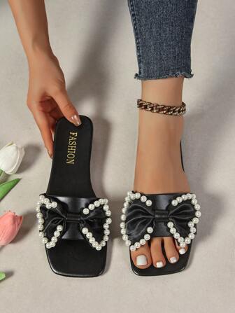 2024 Yaz Yeni Fiyonk Düğümlü Alçak Topuk İnci Sandaletler, Kadınlar İçin Tatlı Şık Düz Plaj Ayakkabıları, Büyük Beden, Tatil Terlikleri