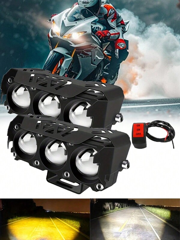 2 pièces Projecteurs LED pour moto 3 yeux, double couleur jaune et blanche, faisceaux de route et de croisement, lumière de travail pour voiture, étanche, ultra lumineux, en alliage d'aluminium, projecteur modifié