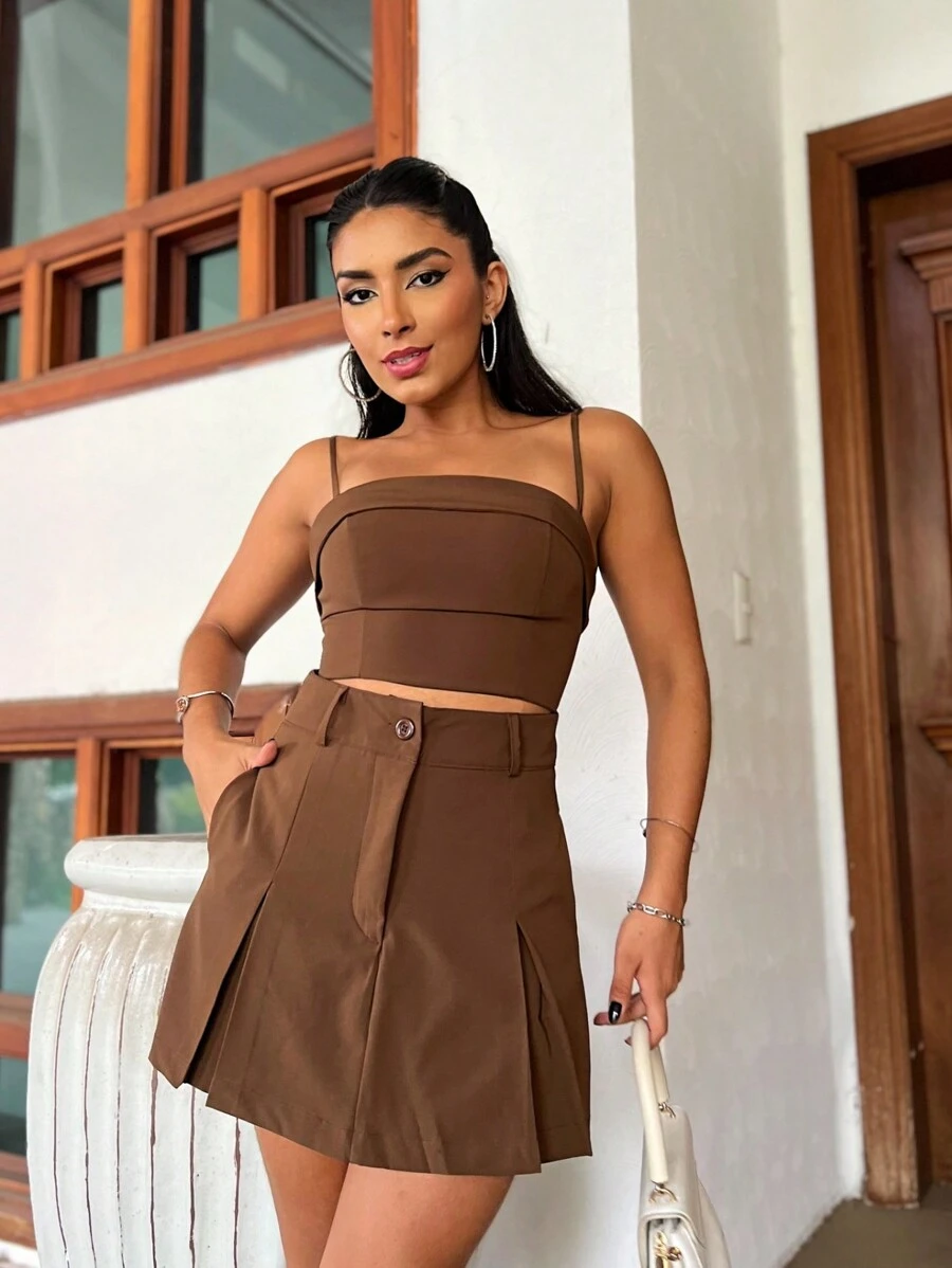 Women's Set With Cropped Top And Short Skirt In Dominique Fabric - Brown - View 1