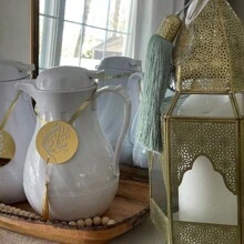 Ramadan Coffee And Tea Acrylic Tags In Arabic Calligraphy With Gold Tassels To Add Elegance And Uniqueness.
