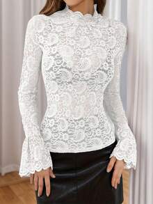 Women's Sexy Fitted High Neck Long Sleeve Lace Elastic Blouse, Suitable For Spring/Summer - White - View 2