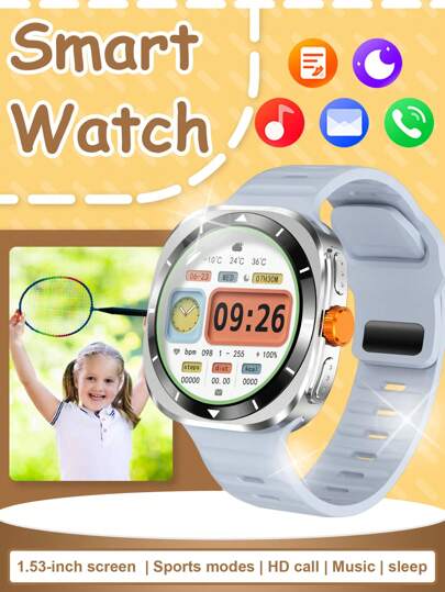 1pc Silicone Band Smart Watch com tela sensível ao toque de 1,53" Full HD TFT Display, adequado para adolescentes, multifuncional com vários modos esportivos, calculadora, abajur, despertador, software social e notificação de mensagem, Bluetooth compatível com Android e IOS, adequado para esportes