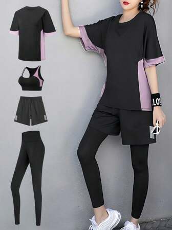 4pcs Set Women Yoga Bra+Loose T-Shirt+Sport Leggings+Casual Sports Pants Gym Activewear Suit