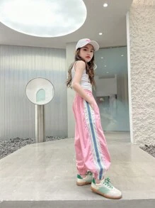 Tween Girl's Casual Contrast Color Striped Drawstring Pants