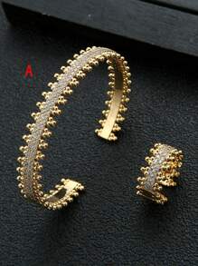 2 件套方晶锆石镶嵌个性化手镯和戒指首饰套装 - 彩色 - 查看 7