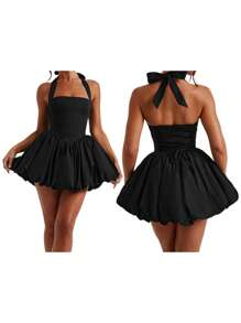 Women Y2K Halter Bubble Mini Dress Sexy Open Back Tie Up Backless Corset Short Puff Dress Party Cocktail Clubwear - Black - View 2