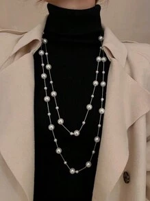 1 件女式长珍珠项链、优雅毛衣链、礼服领口配饰