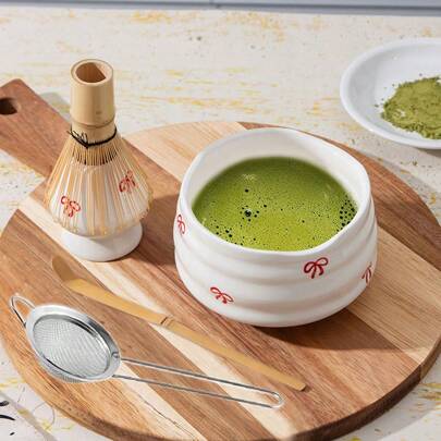 1 套日式抹茶茶具，包含可爱的蝴蝶结抹茶碗和抹茶搅拌器，宋代茶具，适合制作抹茶拿铁，是送给抹茶爱好者的返校礼物