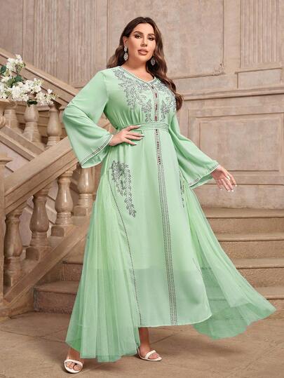 Plus Size Laranja Manga Longa Strass Malha Plus Size Vestido Árabe Feminino
