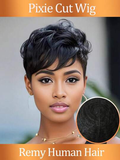 Kurze, gerade Pixie-Schnitt Perücke mit Pony, brasilianisches Echthaar, maschinell gefertigt, Rosennetz Kappe, Echthaarperücke für Frauen