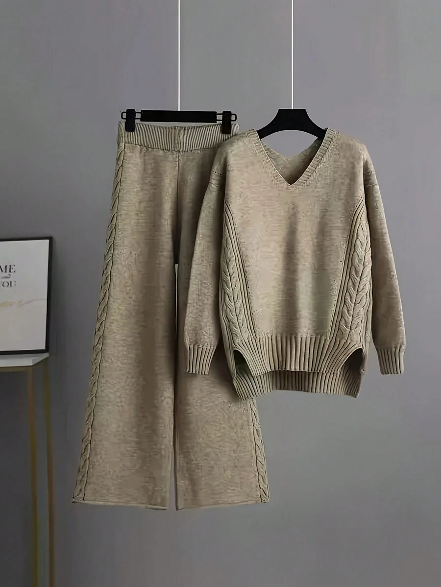 2pcs/Set Women Casual French Rib Knit Sweater And Knit Pants Set - Khaki - View 1