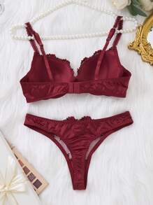 1 Set Women Lace Underwire Bra Set, European Style Sexy Lingerie, Christmas Gift - Burgundy - View 2