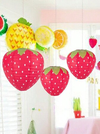 1/3/6/9Pcs Red/Pink Strawberry - Shaped Paper Lanterns. They Are Suitable For Being Used As Indoor And Outdoor Home Decorative Hangings In The Living Rooms, Bedrooms And Gardens. They Are Hanging Lanterns For Party Decorations On Valentine's Day Kitchen Decor