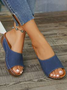 大码 36-45 女式夏季时尚休闲露趾白色厚底平底凉鞋，舒适日常及户外穿着罗马风白色拖鞋，百搭坡跟凉鞋，旅行必备 - 藏蓝色 - 查看 6