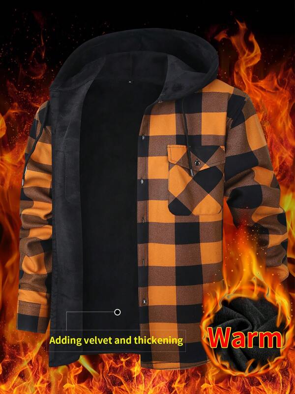 1pc Plaid Flannel Shirt For Men, Hooded Workwear Jacket With Pockets, Warm Padded Winter Plaid Lumberjack Jacket - Flannel Hooded Shirt