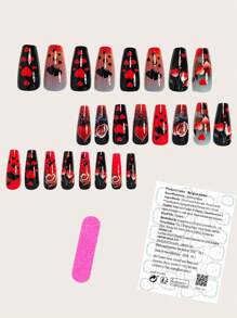 用 24 件棺材形状美甲按压指甲表达您的爱意情人节指甲可爱时尚红黑爱心红色渐变黑色假指甲优雅美丽的红玫瑰心形花束红色假指甲情人节假指甲母亲节指甲全覆盖假指甲套装适合女性和女孩包括美甲沙龙 1 件果冻凝胶和 1 个锉刀果冻凝胶随机发货美甲用品指甲