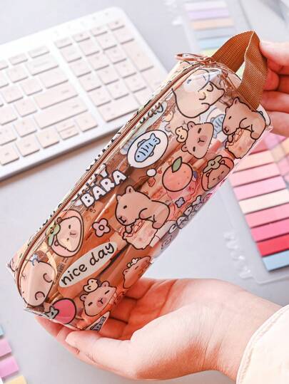 1 Capybara 透明八角笔袋学生文具收纳袋铅笔笔袋学生带手柄、铅笔袋、书包