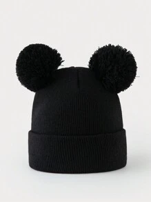 1 pieza Gorro de punto de unicolor y versátil con dos bolas, adecuado para outfits casuales de otoño/invierno de mujer