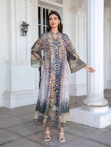 V-Neck Dress With All-Over Floral Jacquard Print, Regular Fit, Long Sleeves, Shimmery Rhinestone Embellishment, Elegant Moroccan Jalabiya Robe For Women
