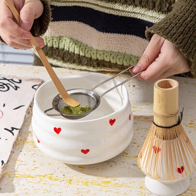 1 Set Matcha Whisk And Heart-Shaped Matcha Bowl Set, Includes Ceramic Matcha Bowl With Cute Heart Decor And Matcha Whisk, Ideal Gift For Matcha Latte Back To School