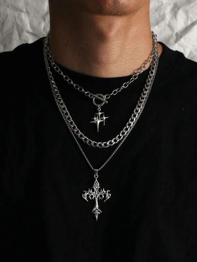 3pcs Vintage Style Multilayer Star, OT Chain, Minimalist Stainless Steel Necklace Choker, Flame Cross Necklace Set For Women And Men