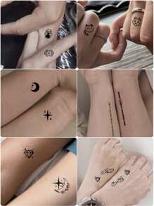 30 款创意精致的临时纹身贴纸，带有黑色蝴蝶花朵和文字设计，适用于手指、手腕和小身体部位