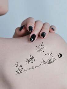 30 款创意精致的临时纹身贴纸，带有黑色蝴蝶花朵和文字设计，适用于手指、手腕和小身体部位