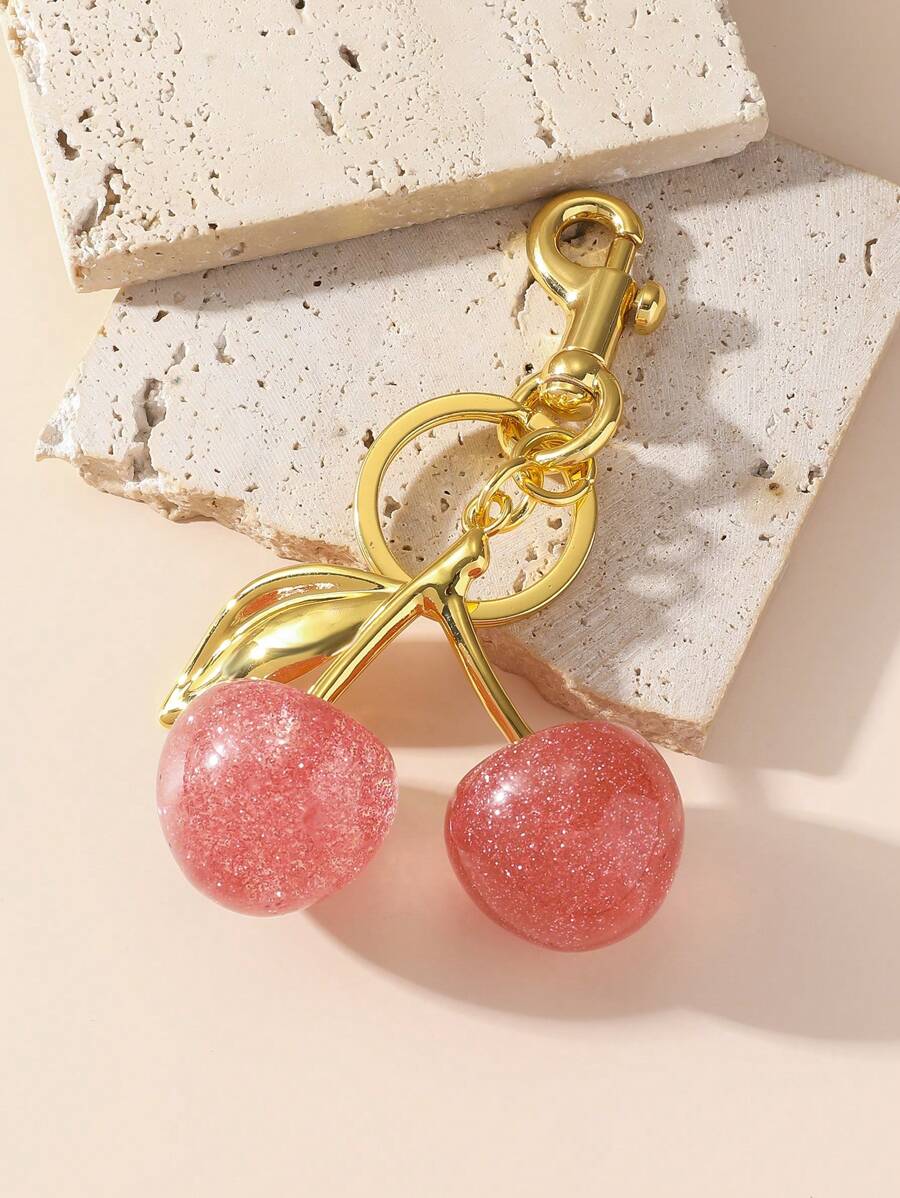 1 件女士时尚合金樱桃形闪光水果钥匙扣吊坠优雅包包饰品女士情人节礼物 - 粉色 - 查看 1