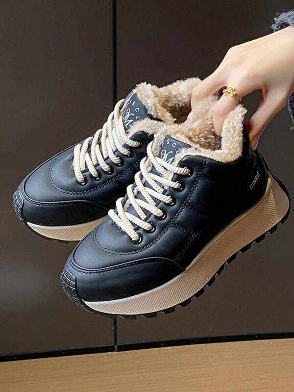 2024 Nuevos tenis de peluche de color marrón chocolate, versión coreana, cálidos y versátiles, con suela gruesa y plataforma, zapatos marrón, tenis blancos