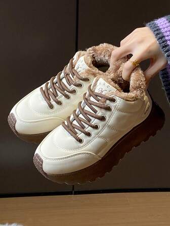 2024新款巧克力棕色冬季ins韩版毛绒滑板鞋女学生保暖百搭休闲运动鞋厚底增高运动鞋棕色皮鞋小白鞋