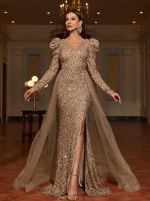 Faeriesty Elegant Sequin Long-Sleeve Slit Formal Dress With Ethereal Tulle Train | Luxury Gala Evening Look For Graduation Proms, Birthday Women Outfits & Black Tie Affairs