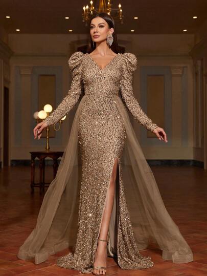 Faeriesty Women Elegant Elegant Sparkly Sequin Long Sleeve Split Dress With Flowing Chiffon Train | Luxury Evening Gown For Prom, Birthday Party, And Formal Dinner,Summer Holiday Outfits