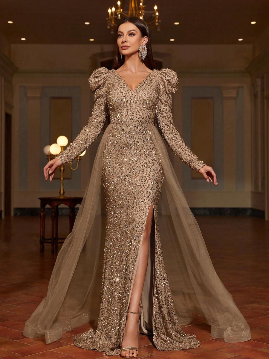 Faeriesty Elegant Sequin Long-Sleeve Slit Formal Dress With Ethereal Tulle Train | Luxury Gala Evening Look For Graduation Proms, Birthday Women Outfits & Black Tie Affairs