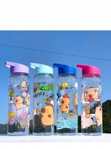 1 pieza Botella de agua portátil de 800ml con estampado de dibujos animados, con pajita y cuerda, adecuada para deportes al aire libre - Multicolor - Ver 1